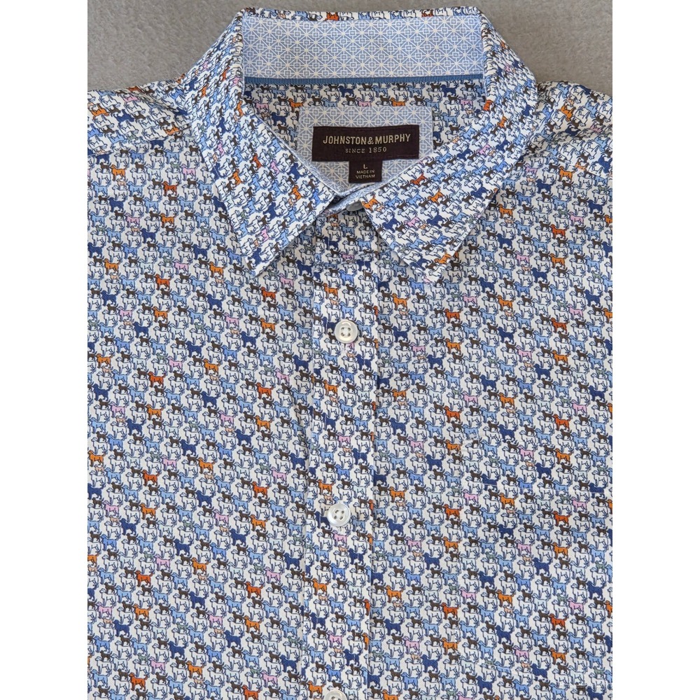 Johnston & Murphy Mens Dog Print Shirt Short Sleeve Button Front Blue Large